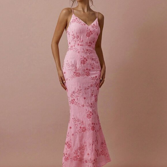 Pink Elegant Womens Romantic V-Neck Suspender Maxi Dress - Picture 5 of 7